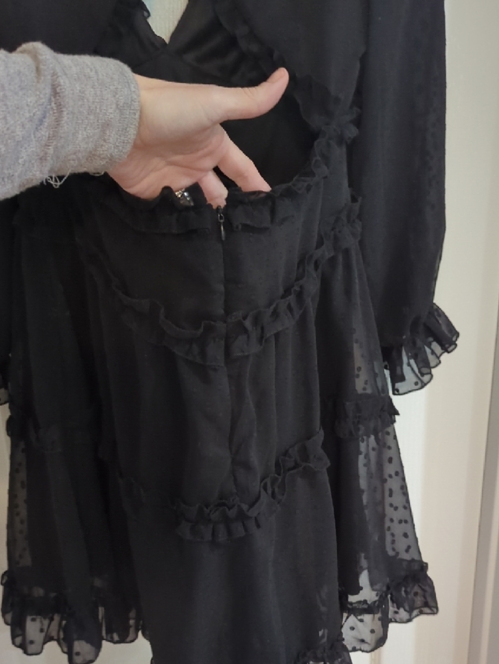 Black Ruffled V-Neck Sheer Sleeve Dress XL - Picture 7 of 8